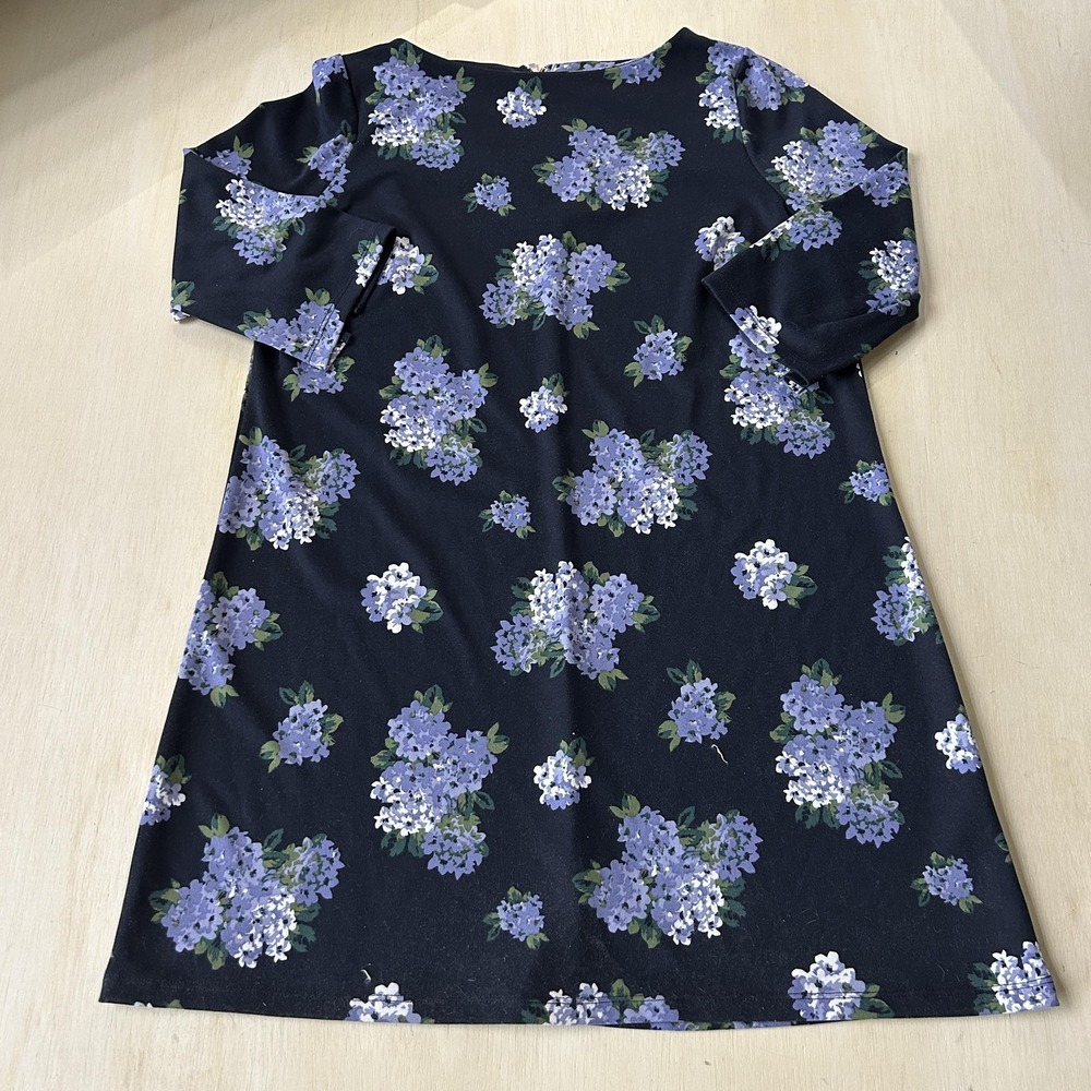 Ellos Dress Womens 16 Black Purple Floral 3/4 Sleeve Boat Neck Shift Jersey